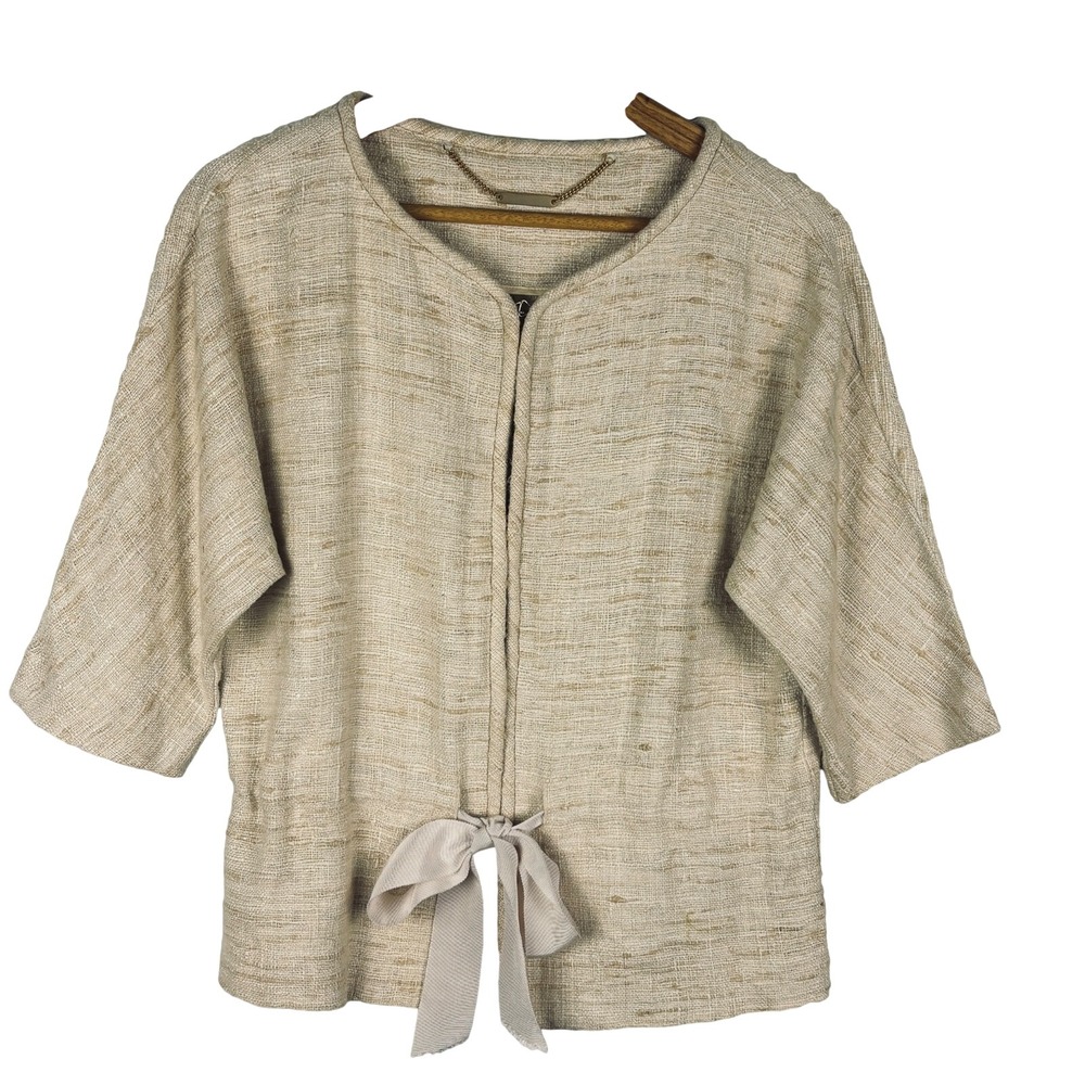 TRINA TURK‎ 100% Raw Silk Cropped Kimono Jacket Sz 6 Natural Drawstring Waist